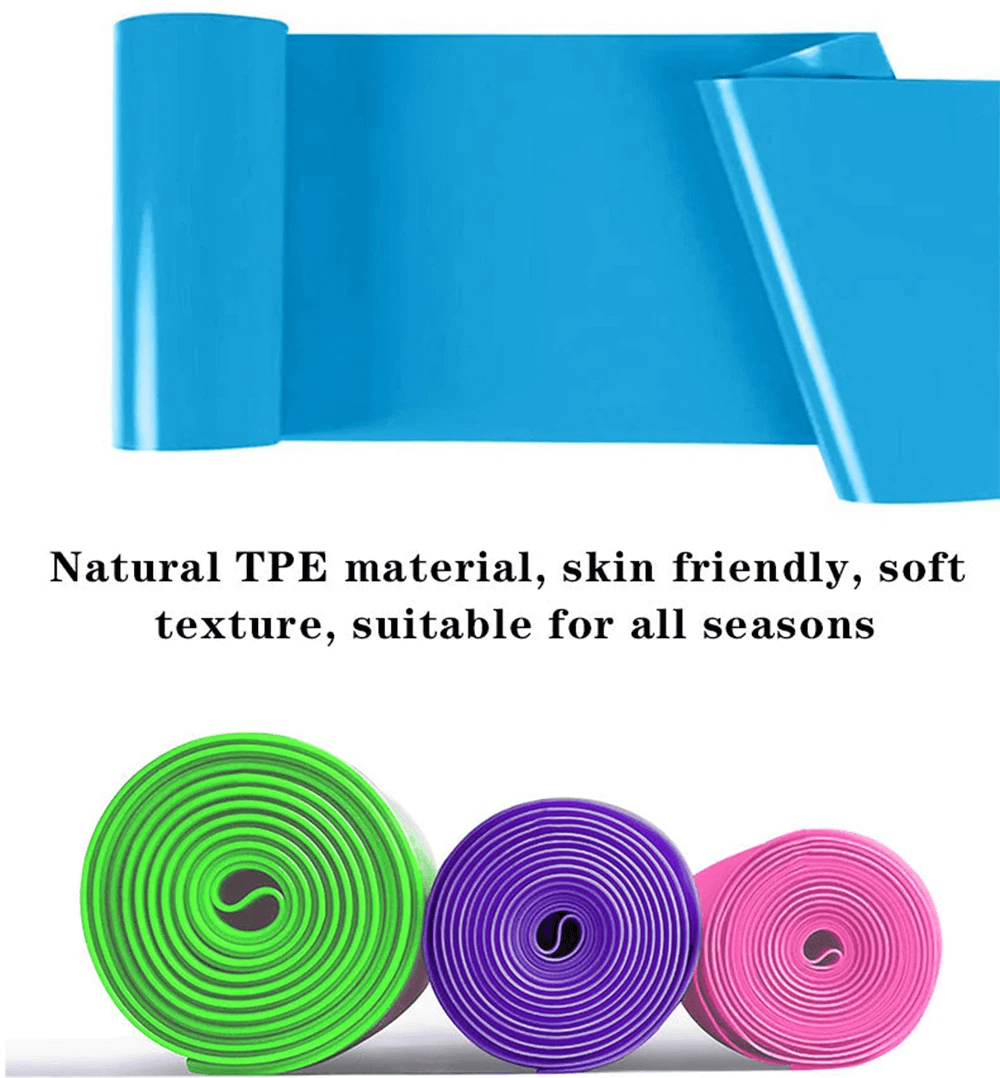 Colorful Pilates resistance bands made from natural TPE material, designed for fitness, yoga, and training in all seasons.